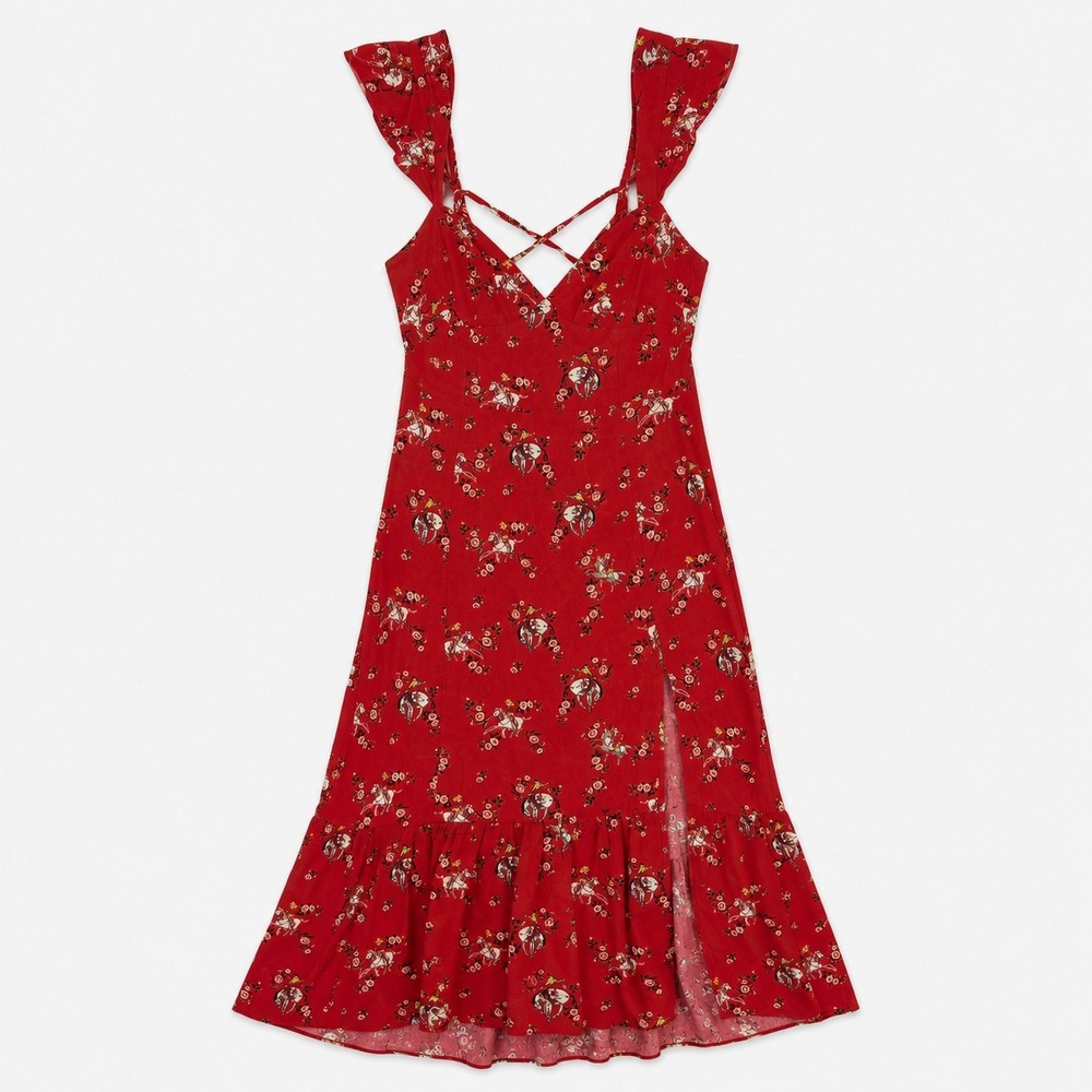 Red Western Cowboy Horse Equestrian Midi Dress Ruffle Lace‎ Up Back Side Slit XS